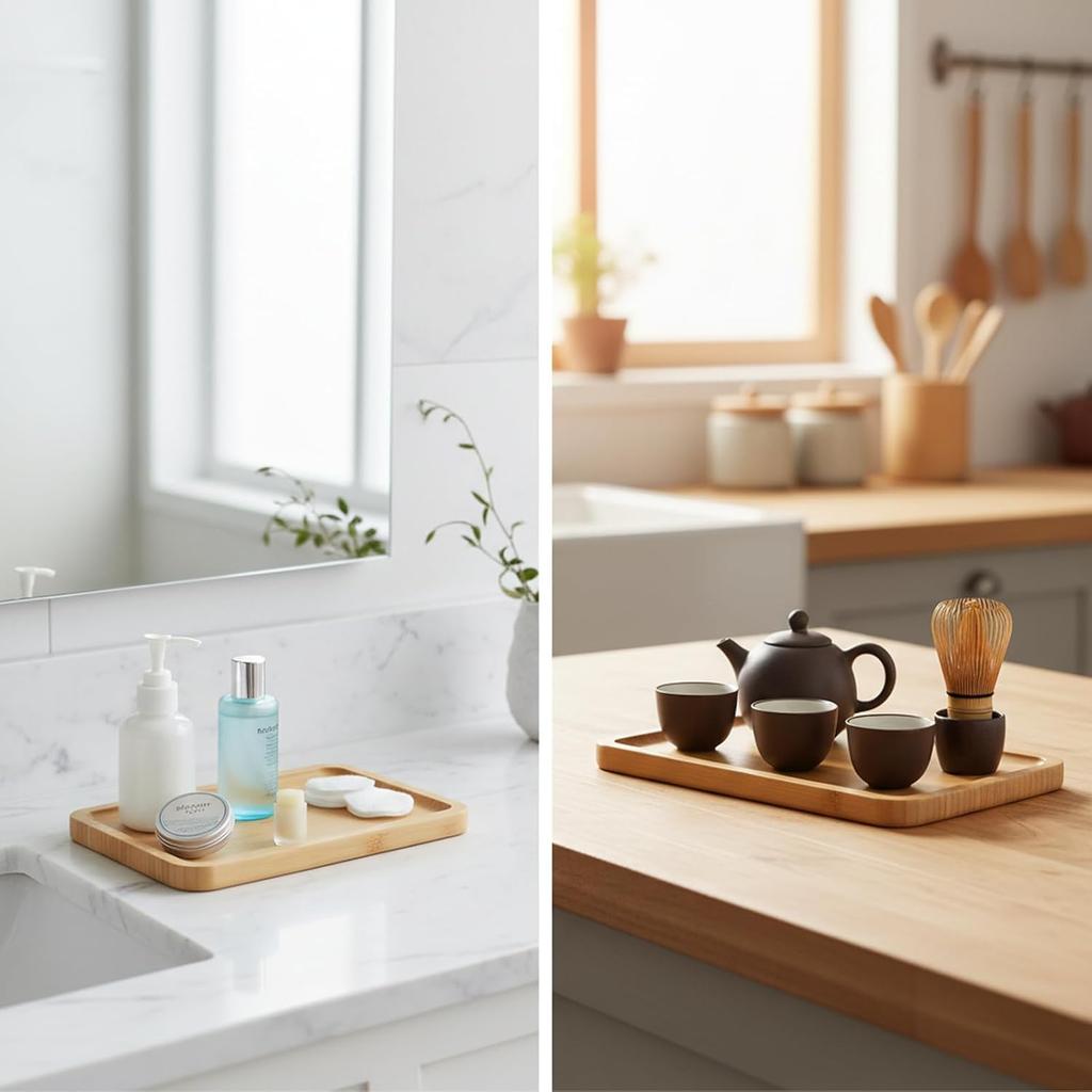 Bamboo Counter Tray for Bathroom Natural Wooden Decorative Tray Kitchen, Shower, Dining Table Vanity,10×6.9 Inch