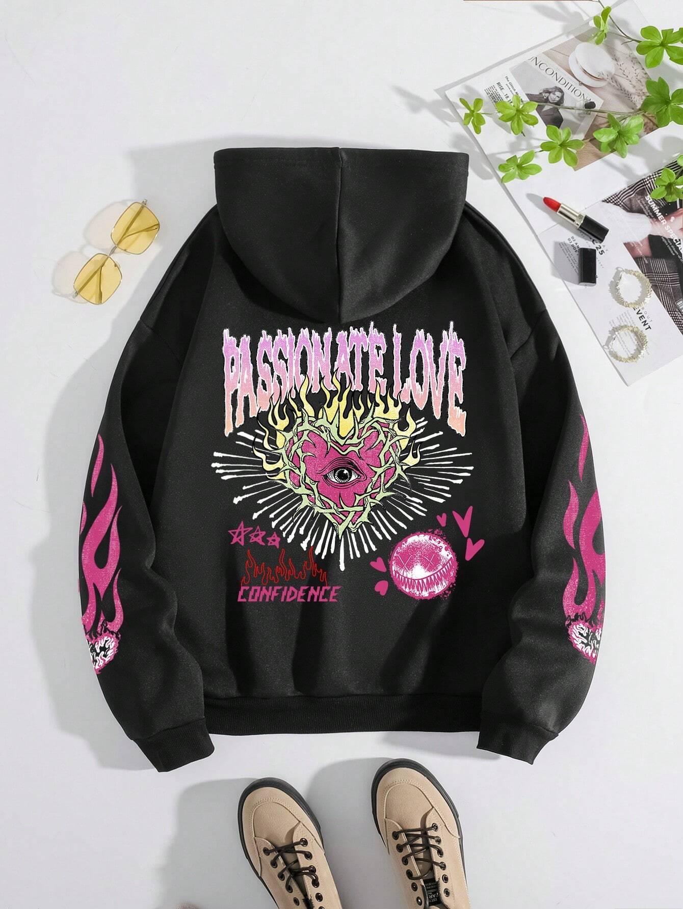 

Passionate Love Confidence Graphic Printing Hoodie Men Hip Hop Loose Hoody Warmth Fleece Sweatshirt Casual Crewneck Streetwear 2XL