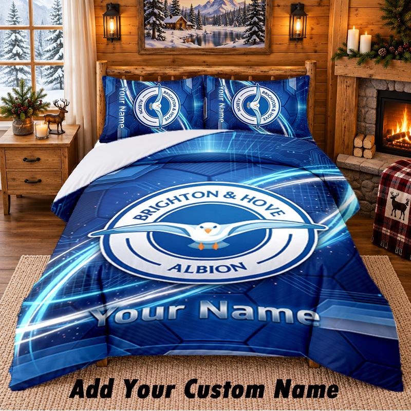 Brighton & Hove Albion Football Pattern Bedding 3Pcs Set Custom Name, Bed Sheet And Pillowcases For Home Bedroom