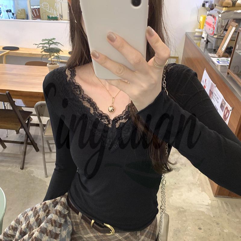 

2026 Women s Slim-Fit V-Neck Lace Splicing Long-Sleeve Top for Autumn/Winter M чорний