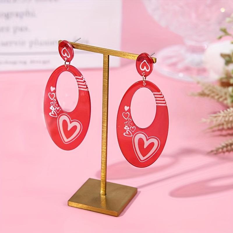 Red geometric oval love print earrings fashionable and elegant festive high-end women's earrings