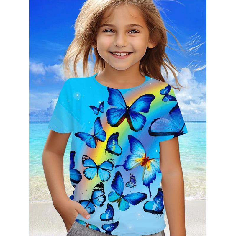 

Детская одежда, футболка для девочек с короткими рукавами и принтом в виде бабочек, симпатичный топ для девочек с круглым вырезом, детская летняя одежда, 160CM