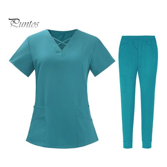 2st/set Unisex sjukhusuniformset V-ringad kortärmad fickor Toppar Elastiska midjebyxor Snabbtorkande sjukhustandvårdsskrubbuniformer