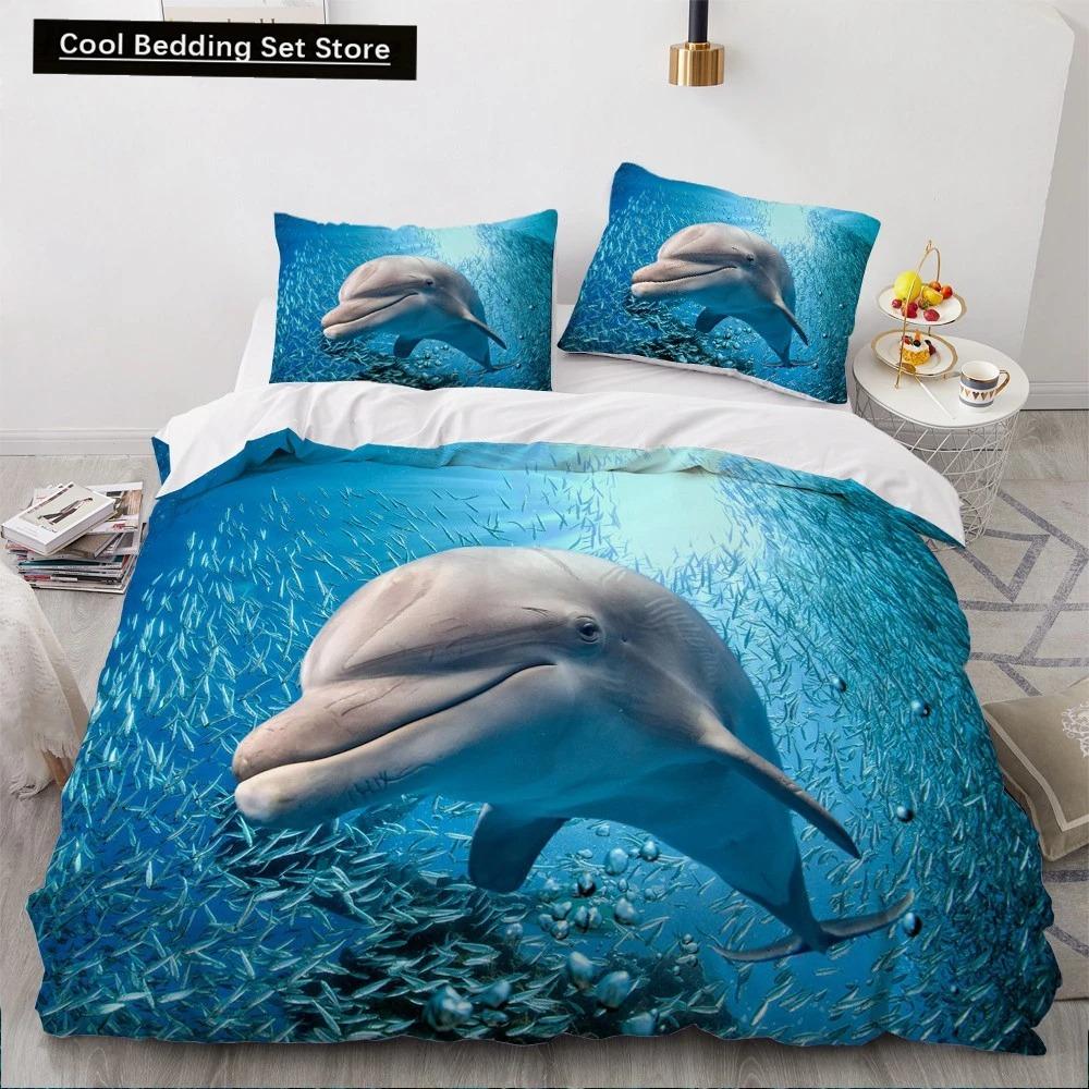 Dolphin Ocean King Queen Duvet Cover Cute 3D Sea Animal Bedding Set for Kids Teens Adults Shoal of Fish Blue 23pcs Quilt Cover