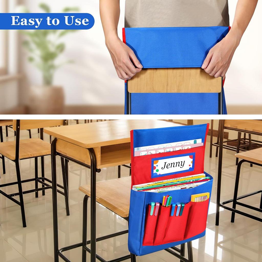 Classroom Chair Back Storage Pocket Organizer, Kids Chair Hanging Book Bag with Name Tag & Pen Pockets, Heavy Duty Oxford Fabric Student Desk Caddy