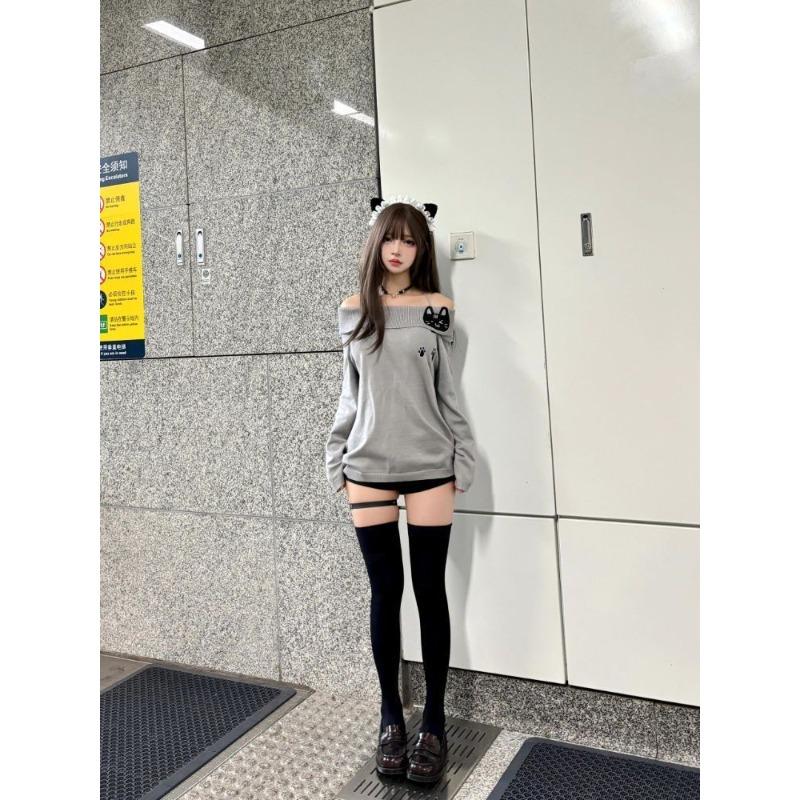 Dámské sexy pletené pulovry Ženy japonský styl Kawaii Sladká kočka výšivka Tenký svetr Měkký dívčí svetr Y2k