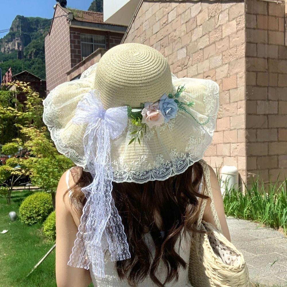 Large Brim Straw Hat Flower Wide Brim Hat Fashion Sun Hat  Sun Shading
