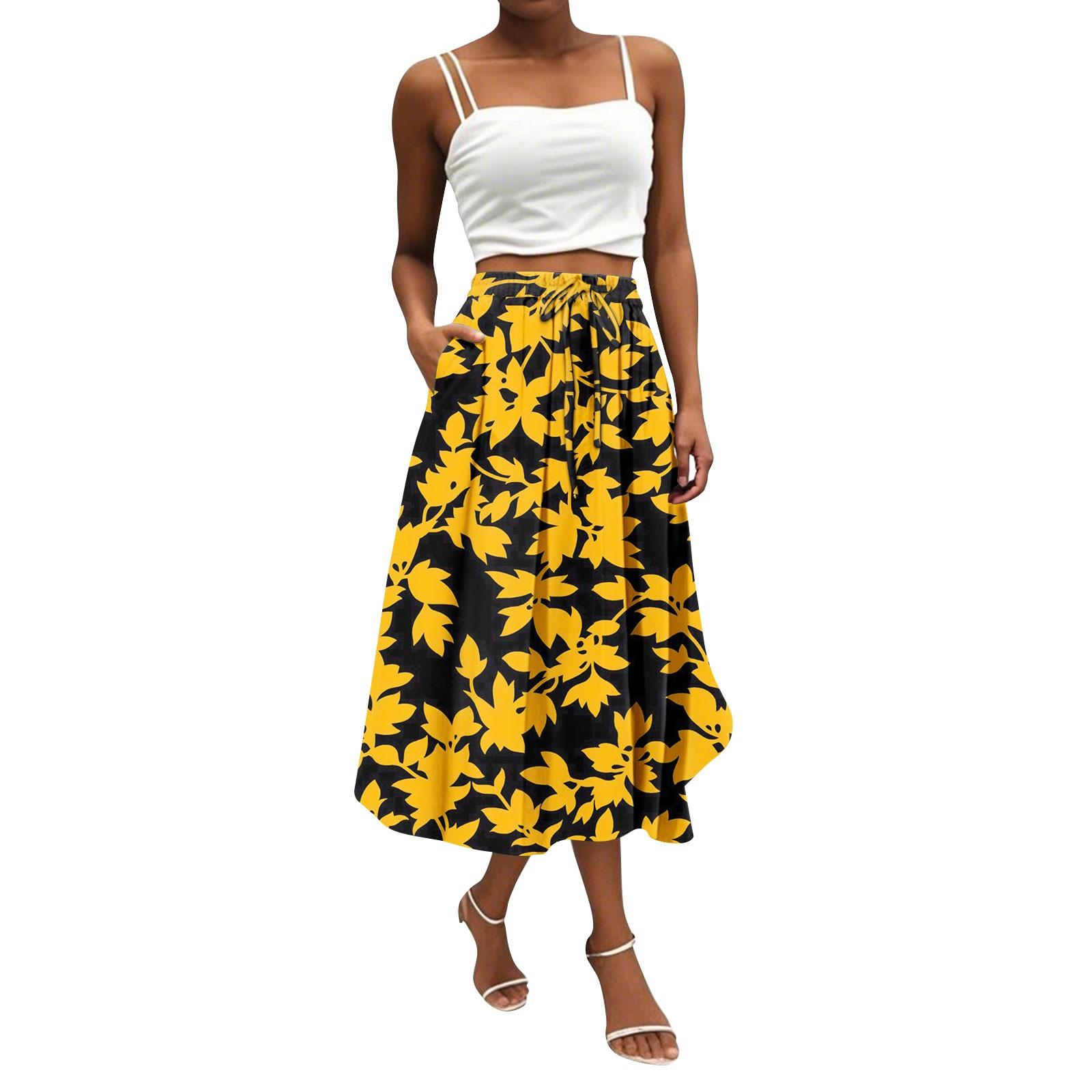 

Женская юбка в стиле бохо с цветочным принтом, однотонная повседневная юбка с карманами XL оранжевый