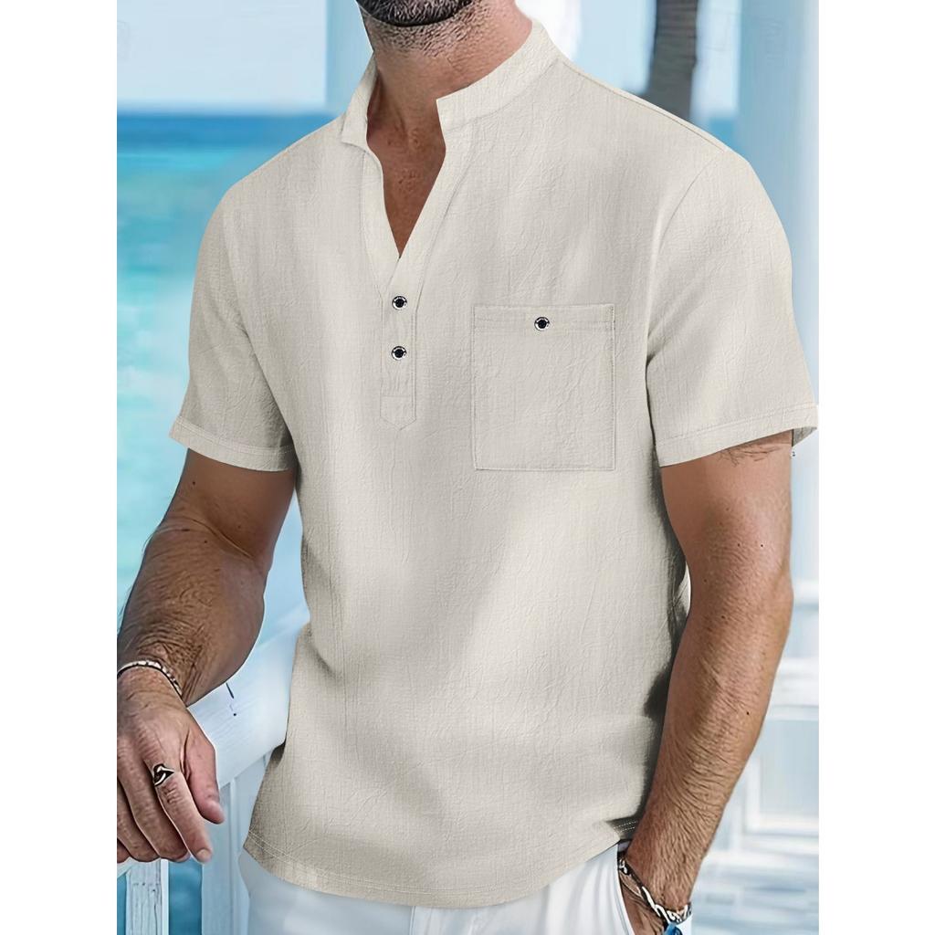 Men's Cotton and Linen Short Sleeved Stand Up Collar Half Buttoned Shirt - Spring and Summer Casual Outdoor Wear