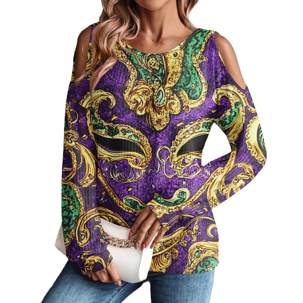 Women's Winter Oversized T-Shirt Fashionable Off-the-Shoulder Round Neck Vintage Floral Print Pullover Long-Sleeved Top