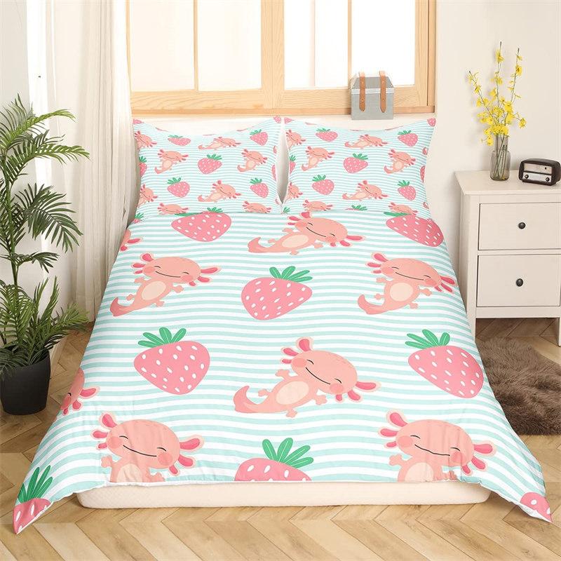 Kawaii Axolotl Duvet Cover Twin Size Underwater World Cartoon Bedding Set For Kids Boys Girls