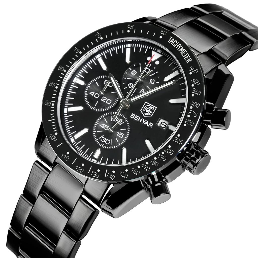 Benyar Men's Chronograph Watch 30M Water Resistant Formal Leather Band Silver Black Quartz Stylish Gift