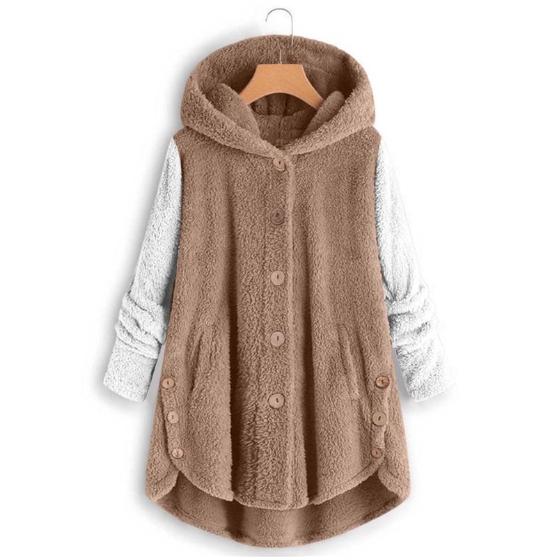 Women's Two-Tone Fleece Coat Hooded Button-Up Winter Warm Jacket