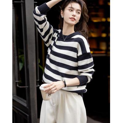 ITISF4 Vintage Color-Block Striped Lapel Knit Sweater