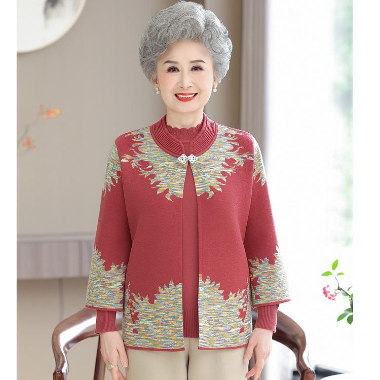 Middle-aged and Elderly Women's Cardigans Two-piece Set Mother's Sweater Suit Women's Knitted Base Shirt Top Mother-in-law Dress