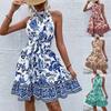 New, Summer Floral Neck and Waist Sleeveless Printed Dress Women's Clothing