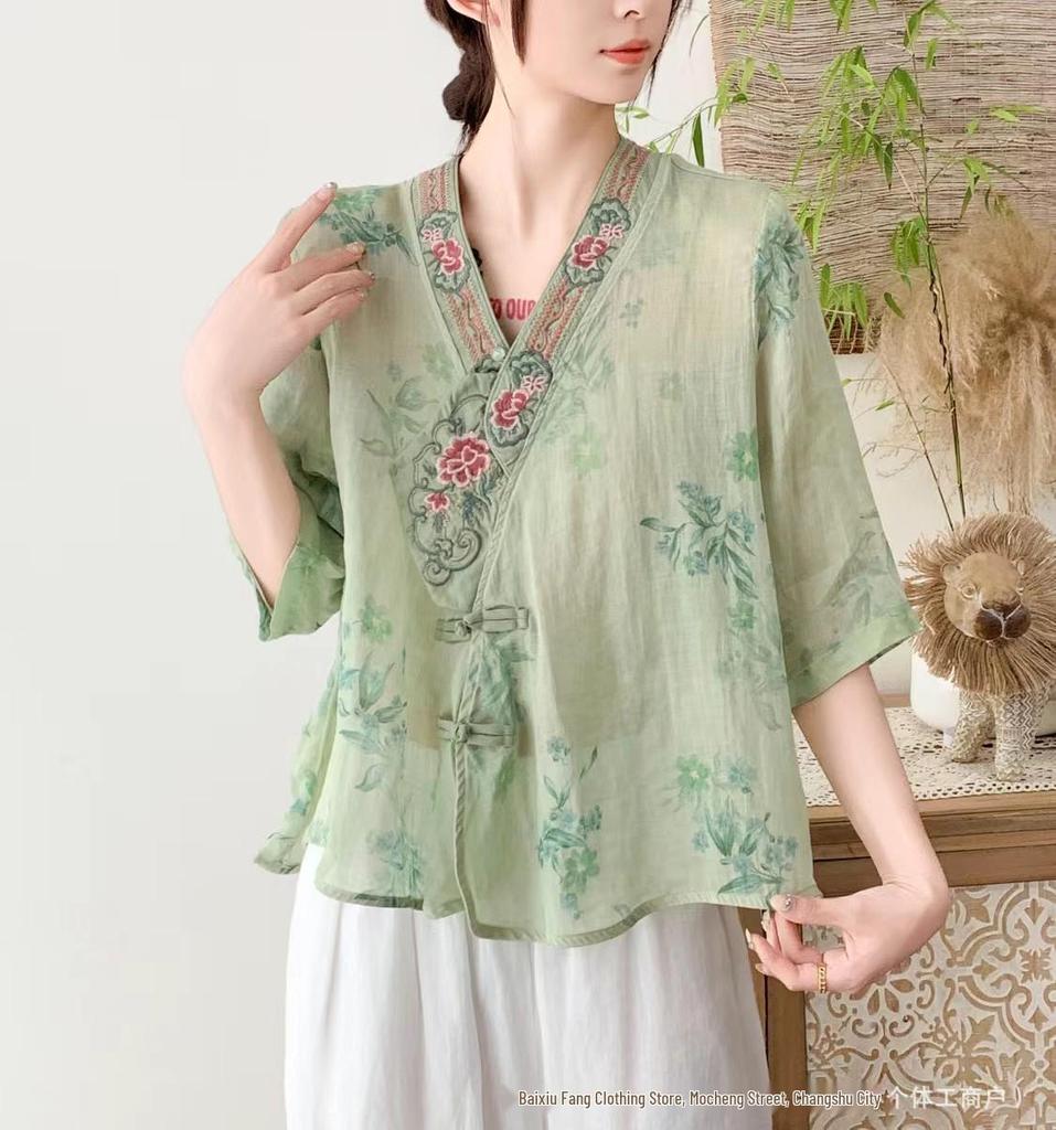 2026 Summer Women's V-Neck Retro Chinese-Style Ramie Shirt with Frog Buttons and Embroidered Prints