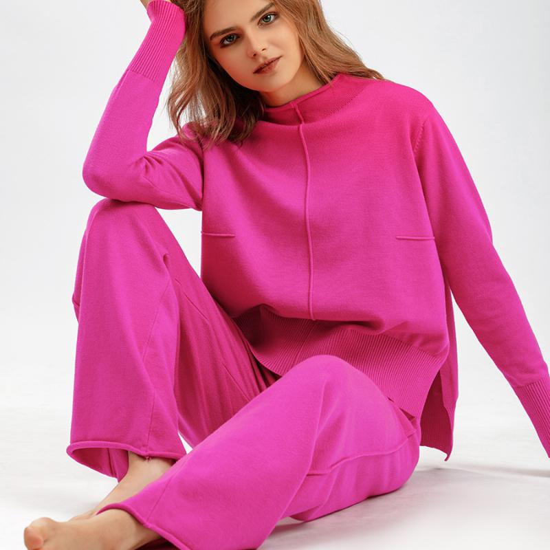 كنزة محبوكة طقمين ملابس نسائية خريف وشتاء جديد فضفاضة كاجوال بنطال واسع الساق شبكة حمراء مزاج ملابس ضيقة تناسب الكل