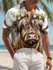 Men'S Casual Shirt, Multiple Specifications Available, Polyester Fabric, Highland Cow Floral Print, Brown Collar, White Buttons, Beachy Casual Style,