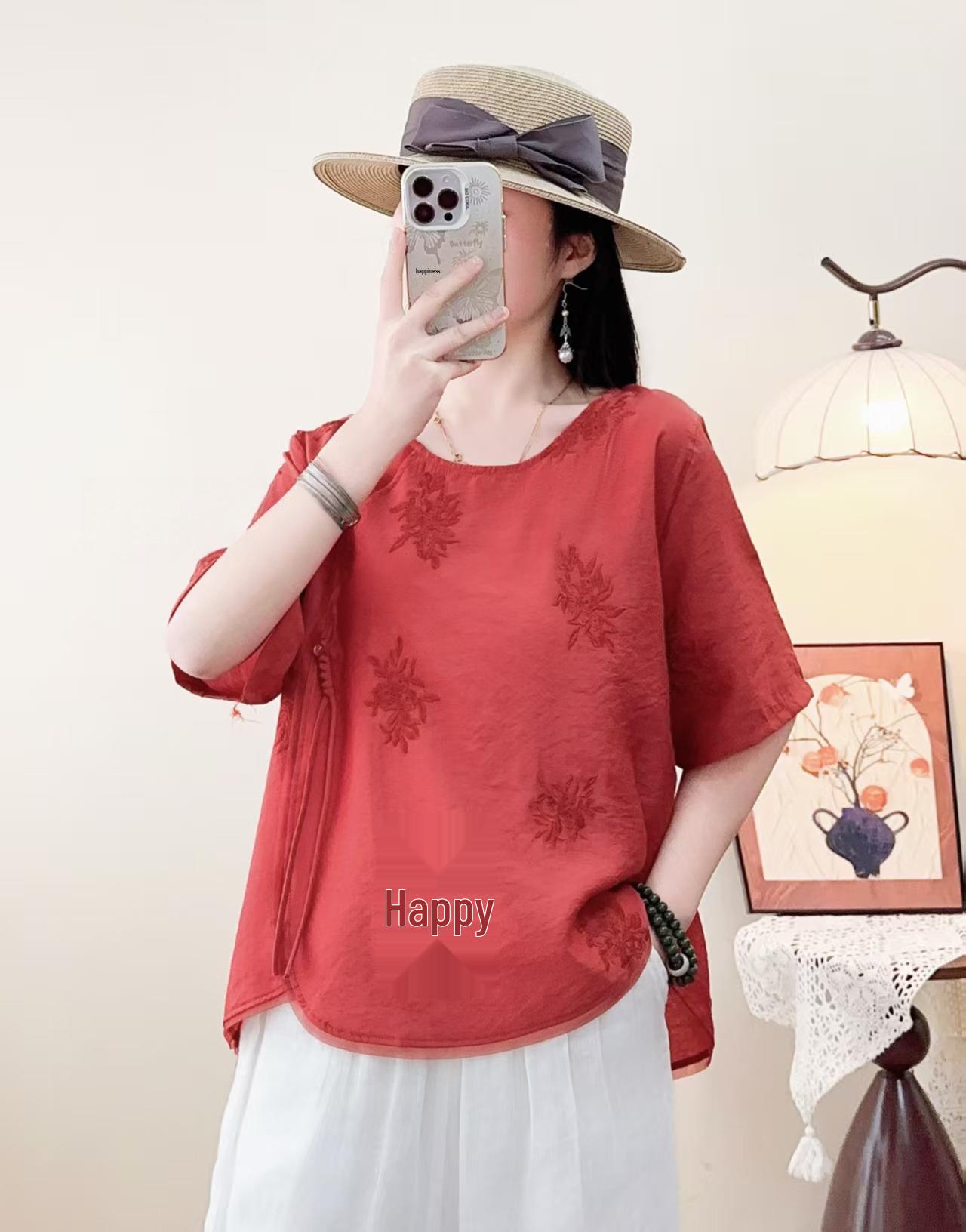 2026 Summer Women s Asymmetrical Lapel Chinese Silk Linen Embroidered Frog Button Shirt One Size (90-140 jin)
