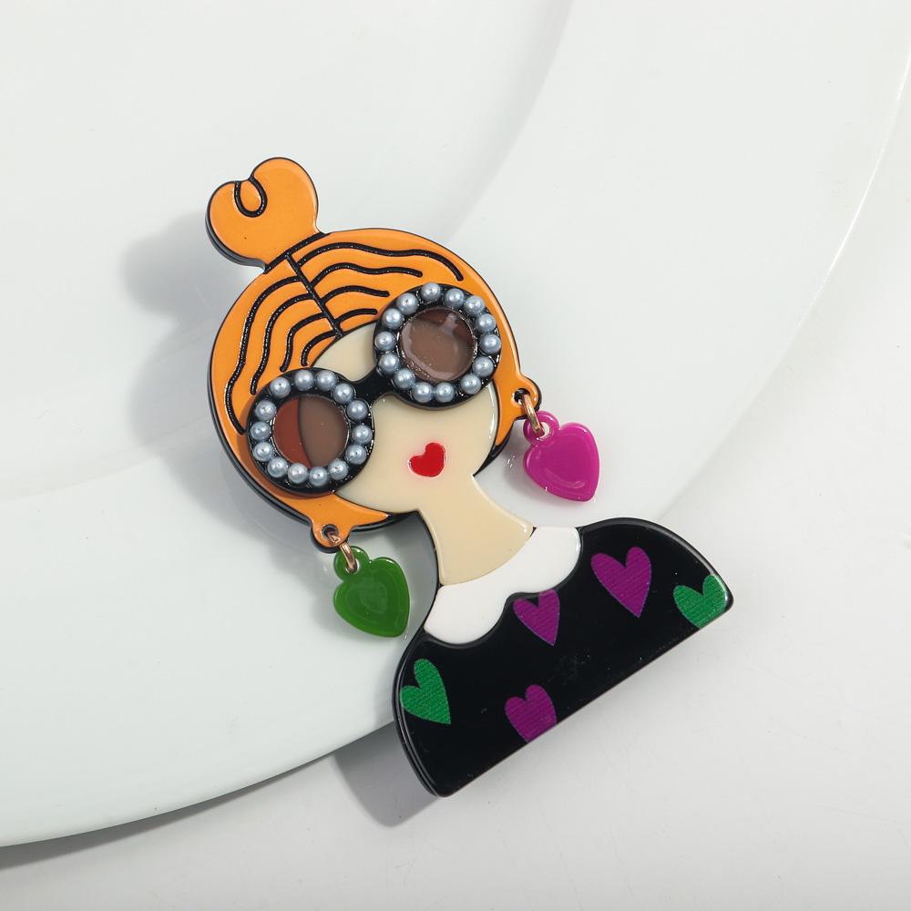 

New Cute Girl Figure Acrylic Brooches for Women Spliced Handmade Glasses Lady Badge Lapel Pins Jewelry Clothing Accessories Gift чёрный