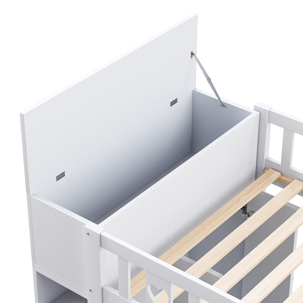 Hochbett 90x200, Kinderbett Ablageleiter, Herz-Geländer, Stauraum, klappbarer Stauschrank/Regale, Weiß (ohne Matratze)