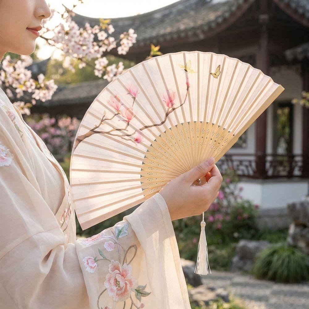 Magnolia Pattern Folding Fan Antique Handheld Fan Elegant Decorative Fan  Cheongsam Matching