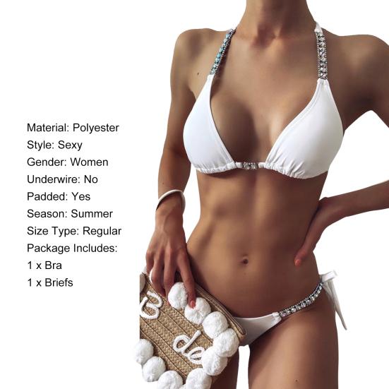 2 Pcs/Set Swimwear Set Rhinestone Halter Neck Lace Up Backless Bikini Set for