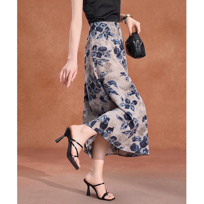 New Chinese Style Floral Print A-Line Midi Skirt