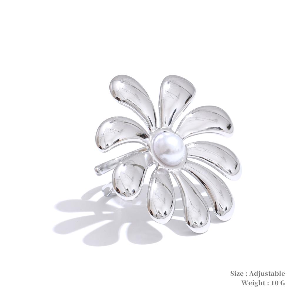 Yhpup Trending Stainless Steel Big Flower Smooth Necklace Bracelet Earrings Ring PVD Plated Attractive Jewelry Set for Women