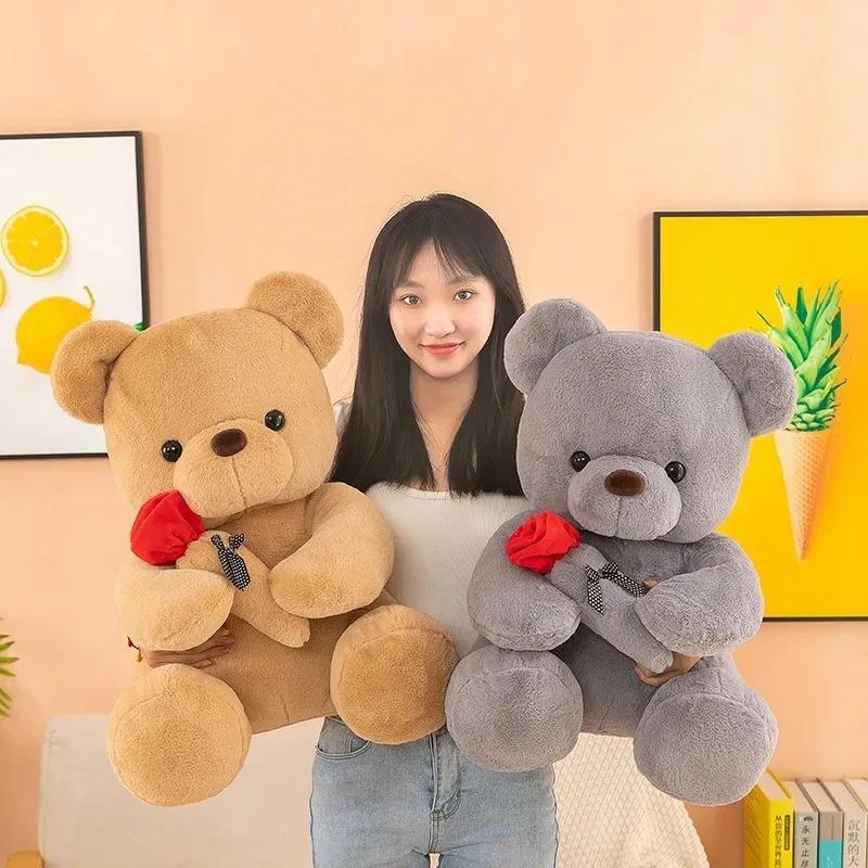 Kawaii Teddy Bear With Roses Plush Toy Soft Bear Stuffed Doll Romantic Gift For Lover Home Decor Valentine'S Day Gifts For Girls