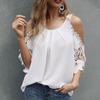 Ladies Top Hollow Lace Sleeves Spring Summer Loose Pure Color Shirt Blouse for Daily Wear