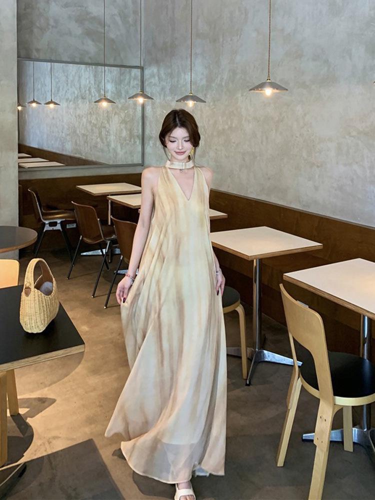2026 French Yellow Spaghetti Strap Sleeveless Dress for Women - Summer Beach Fairy Long Dress