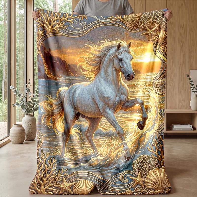 Oceanic Horse Majesty Theme Blanket Lightweight Warm Flannel Blanket Decorative Throw Blanket for Home Decoration