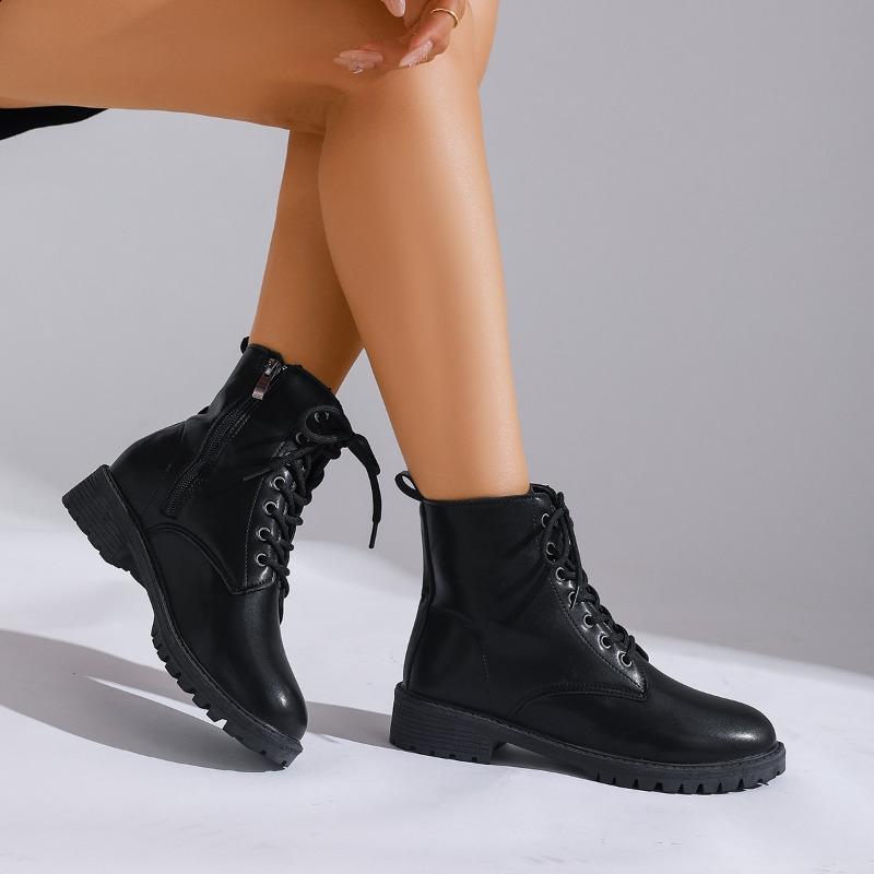 Short Thigh Boots Women's Autumn New Round Toe Side Zip Front Lace-Up Soft Sole Anti-Slip Wear-Resistant Block Heel Shoes