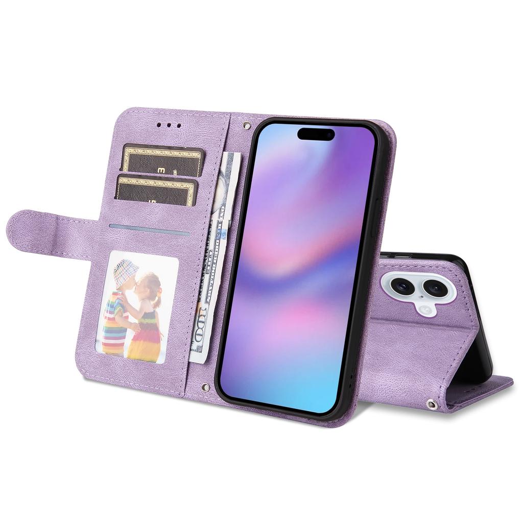 For iPhone 17 Leather Wallet Cases Skin Touch Phone Cover Stand with Strap