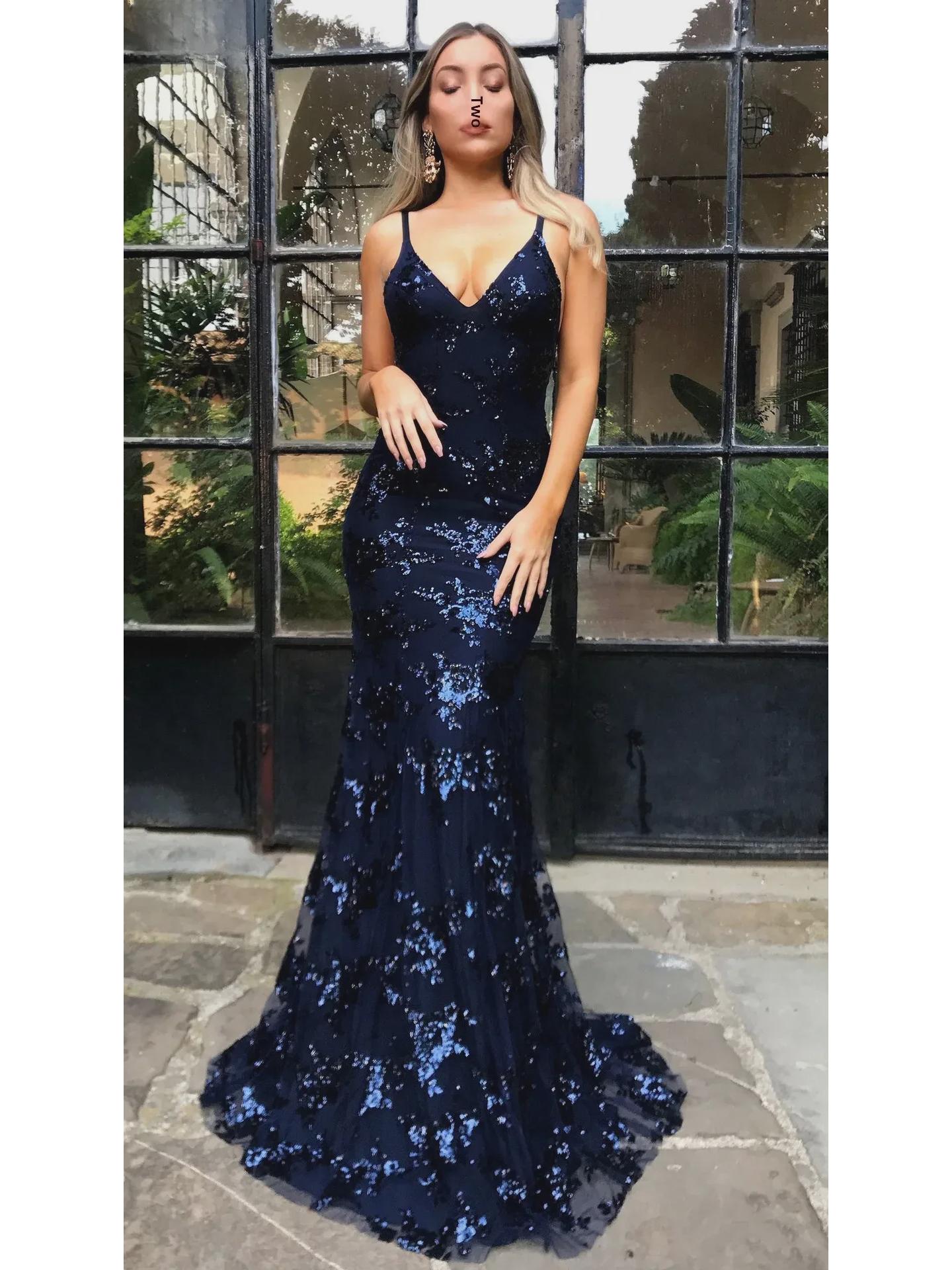 

Європейська та американська жіноча сукня-слінг із V-подібним вирізом і паєтками без спини 2025 року XL темно-синього кольору