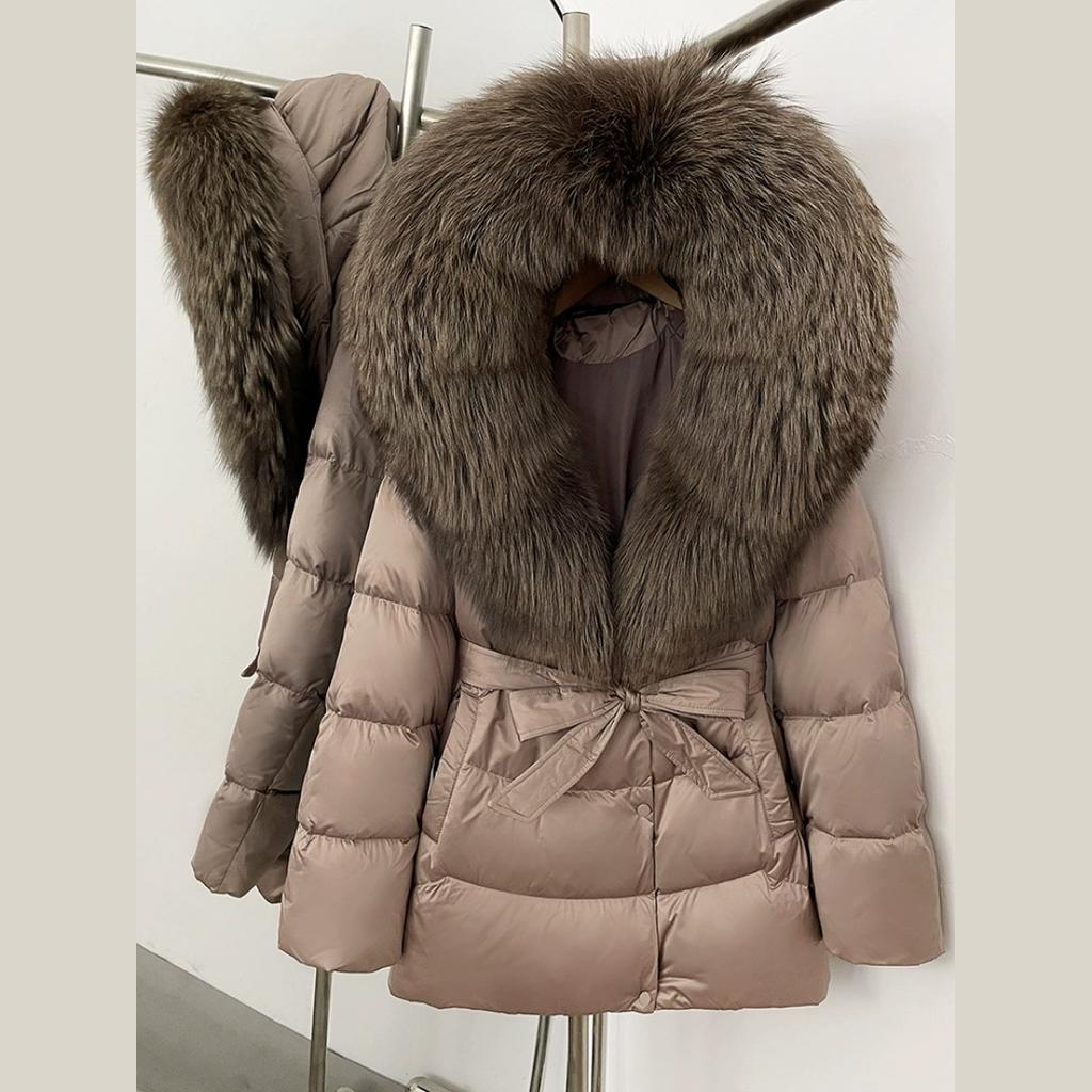 Winter Fox Big Fur Collar High-end Thickened Down Jacket Women's Mid-length Waist Imitation Leather Jacket