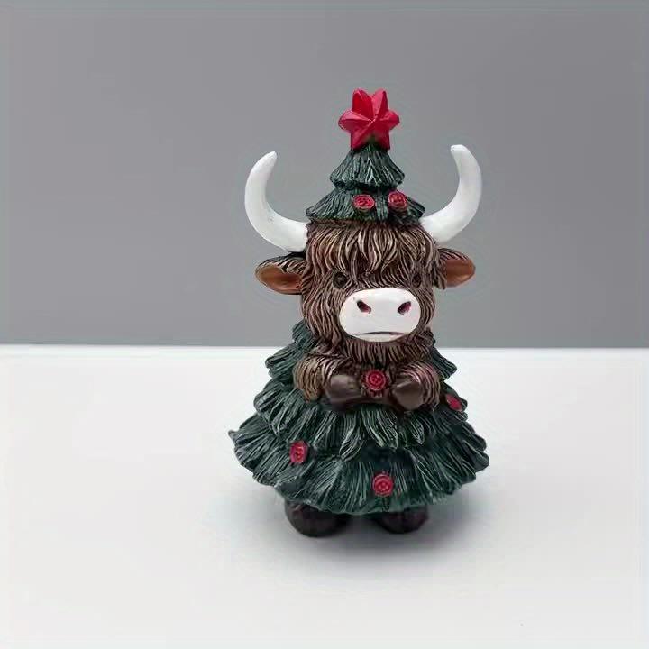 Festive Highland Cow Statue - Adorable resin decor with red berries & pine cones. Perfect holiday desk accent for Christmas! 
