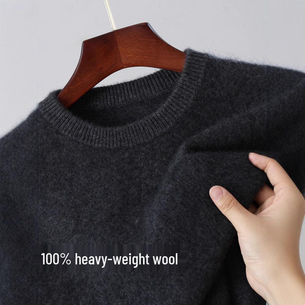 Men's 100% Wool Round Neck Loose Casual Sweater - Thickened Long Sleeve Knitwear