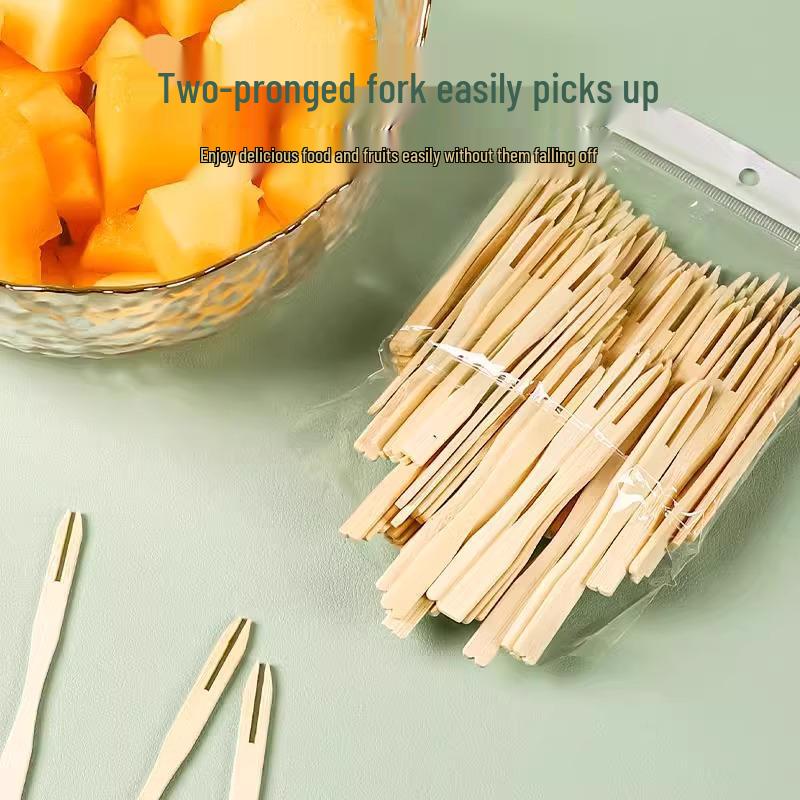 Průhledná dvoudílná sada jednorázových vidliček na ovoce - Kreativní design bambusového spoje pro dorty, dezerty, pečivo a domácí použití