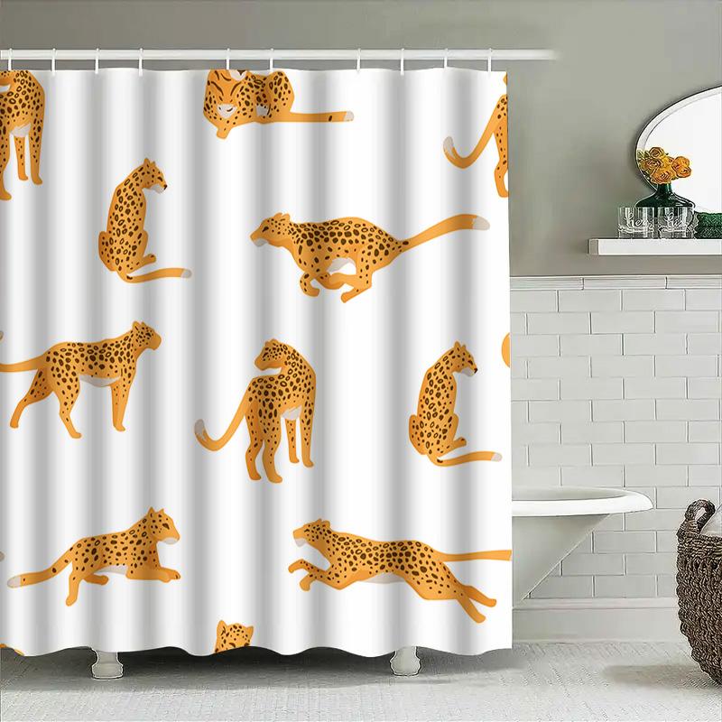 Leopard Shower Curtain Home Decor Bathroom Waterproof Fabric Yellow Print Animal Bath Tub Curtain White Plastic Hooks Waterproof
