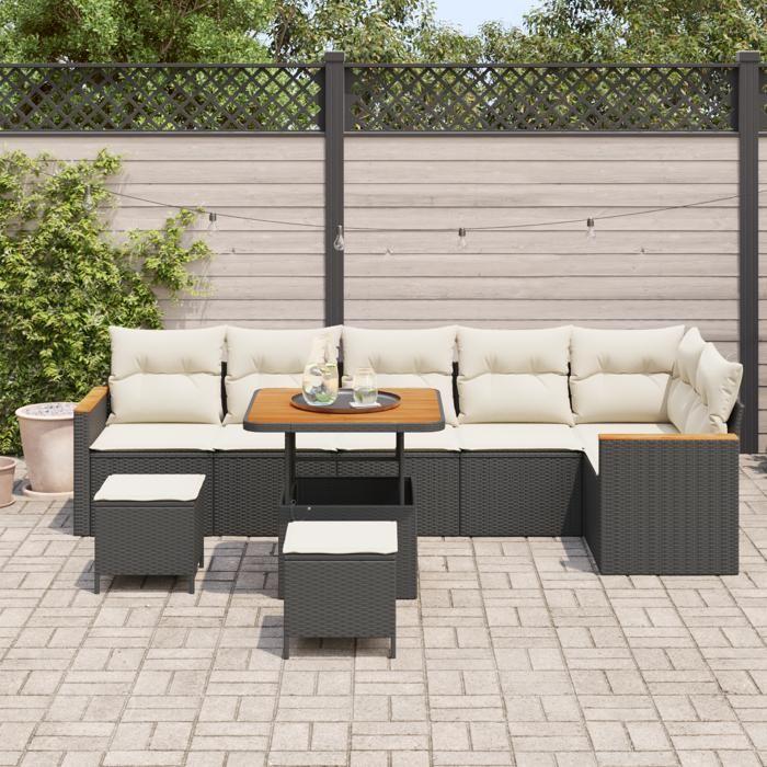 Canapé de jardin 9 pièces avec coussins en poly rattan noir Acacia, Salle à manger de jardin 3 pièces avec coussins en poly 3365010