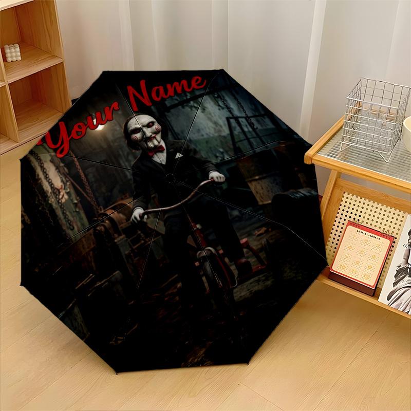 Custom Text Automatic 8 Bone Umbrella, Portable Sun Rain Protection UmbrellaSaw Billy the Puppet