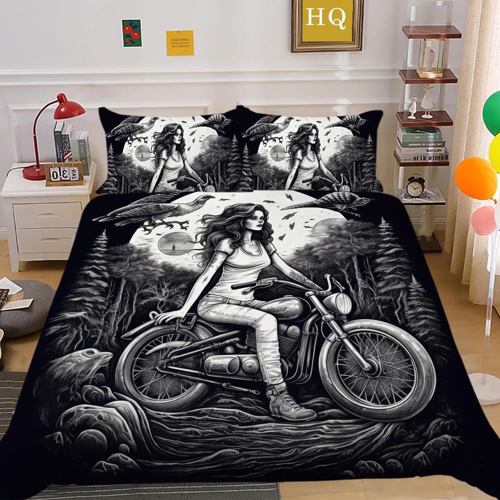 3D Dark Beauty Motorcycle Printed Bedding Set Beauty Skull Head Duvet Cover 2/3 Pieces AU180 * 210 Super Big Bed Room Quick Drying Home Decoration