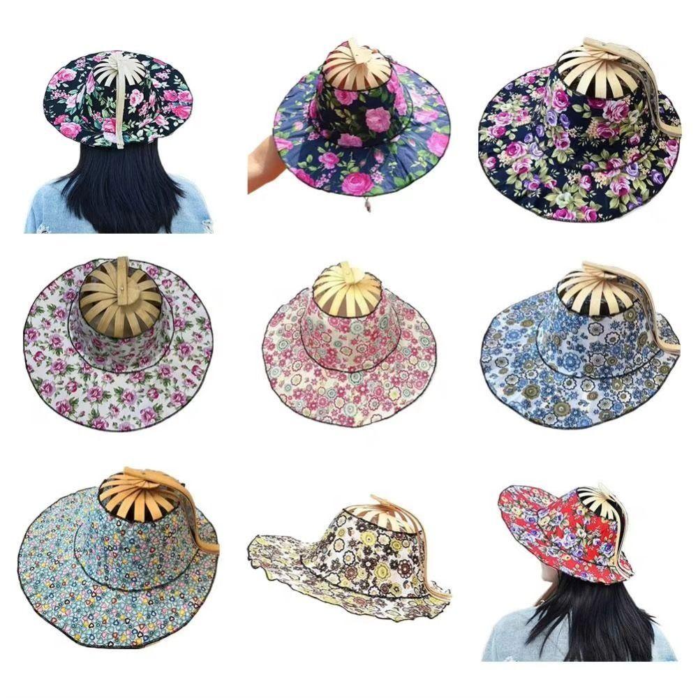 Floral Printed Fan Sun Hats Foldable Bamboo Sunscreen Cap Women Sunhat Folding Fan Hat  for Travel