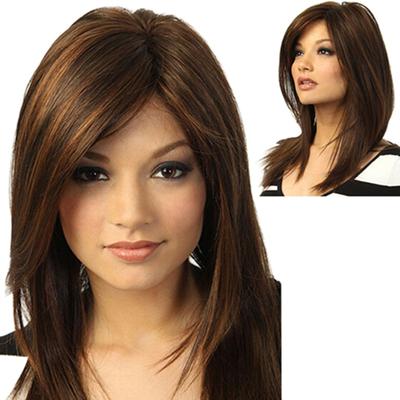 Perruque de cheveux partiels longs et lisses brun foncé pour femmes, frange thermique, fête entièrement résistante
