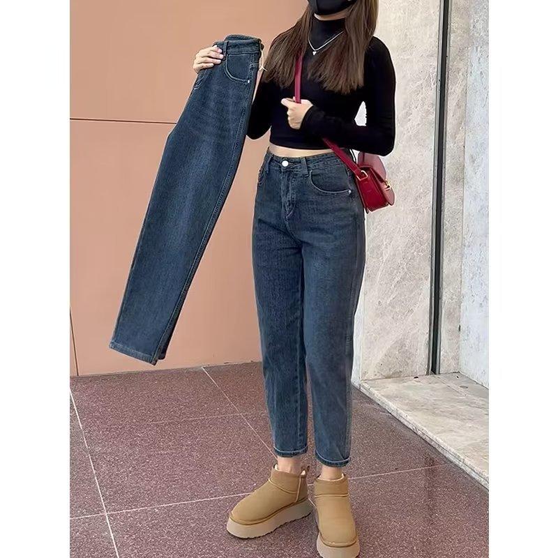 Damen Frühlings-Übergröße High-Waist Schlankmachende Dehnbare Cropped Harem Jeans für Arbeit und Alltag
