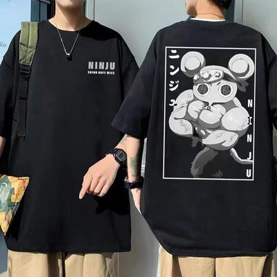 Śmieszne muskularne myszy ninja Muki siłownia nadruk myszy z myszką koszulki Anime Demon Slayer Uzui Tengen Tshirt unisex kobiety kreskówki ponadgabarytowe Streetwear