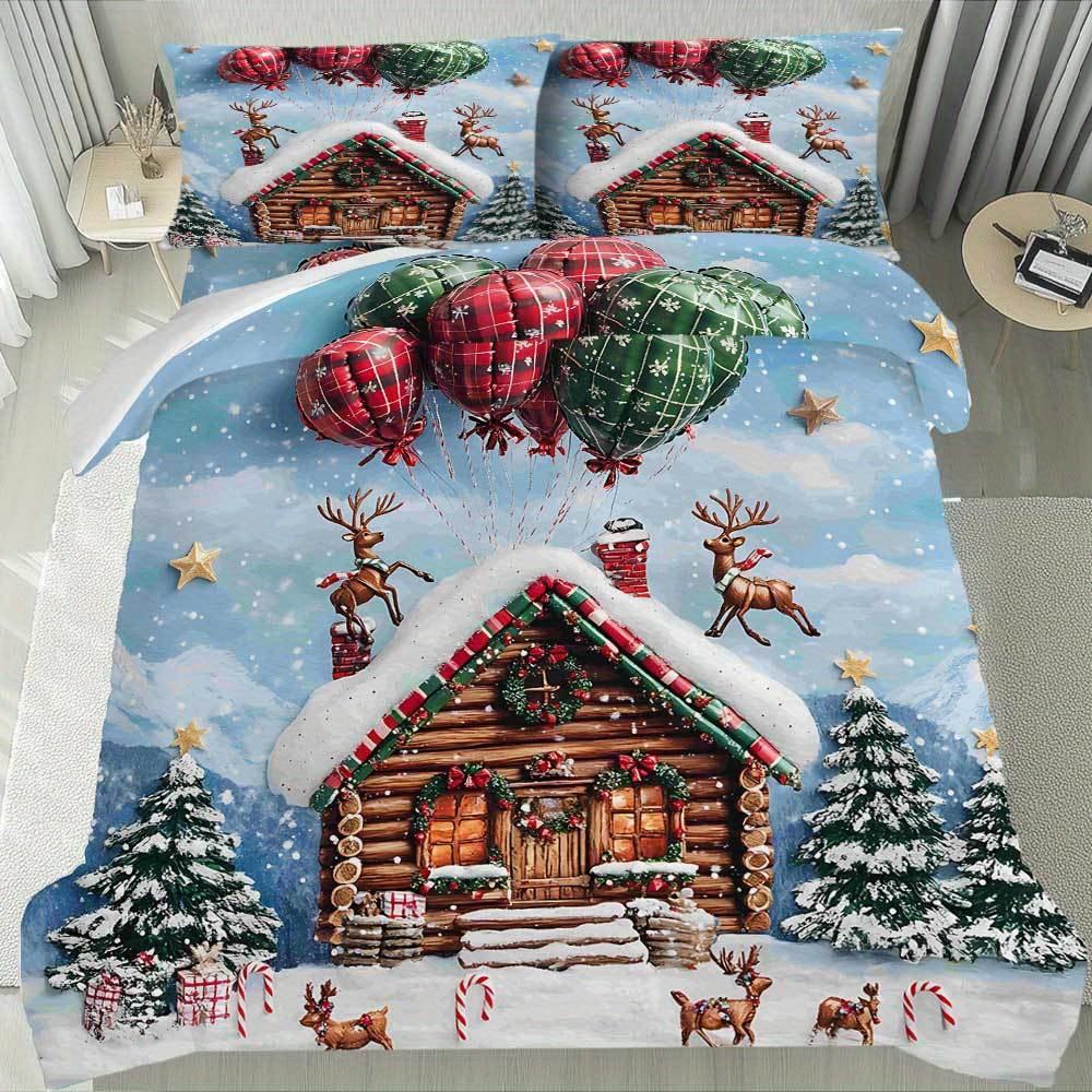 

Lifesmells 3/4pcs Christmas Cabin Balloon Deer Blue Duvet Cover Set Festive Winter Scene with Snowy Cabin Reindeer and Balloons EU Twin(135x200cm)